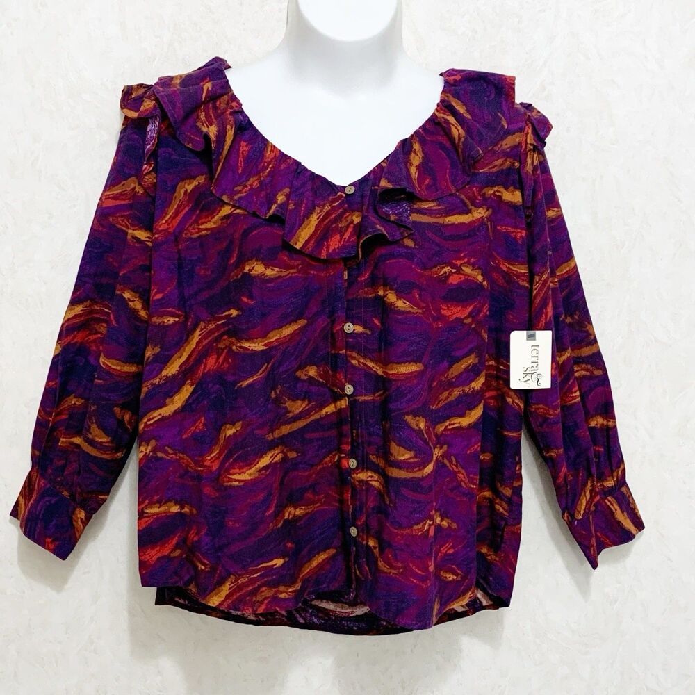 Terra & Sky Blouse Womens Size 2X Purple Abstract V-Neck 3/4 Sleeve Ruffle
